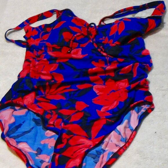 Aqua Green® UPF 50 Cinch-Front One Piece Swimsuit Pink Multi Floral Print SMLXL - Picture 1 of 13